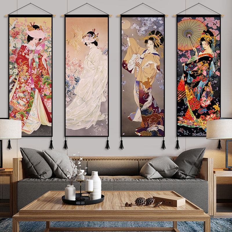 Imagem feminina japonesa pendurada em tecido de lona pintura suspensa estilo japonês fundo decoração de parede pintura i