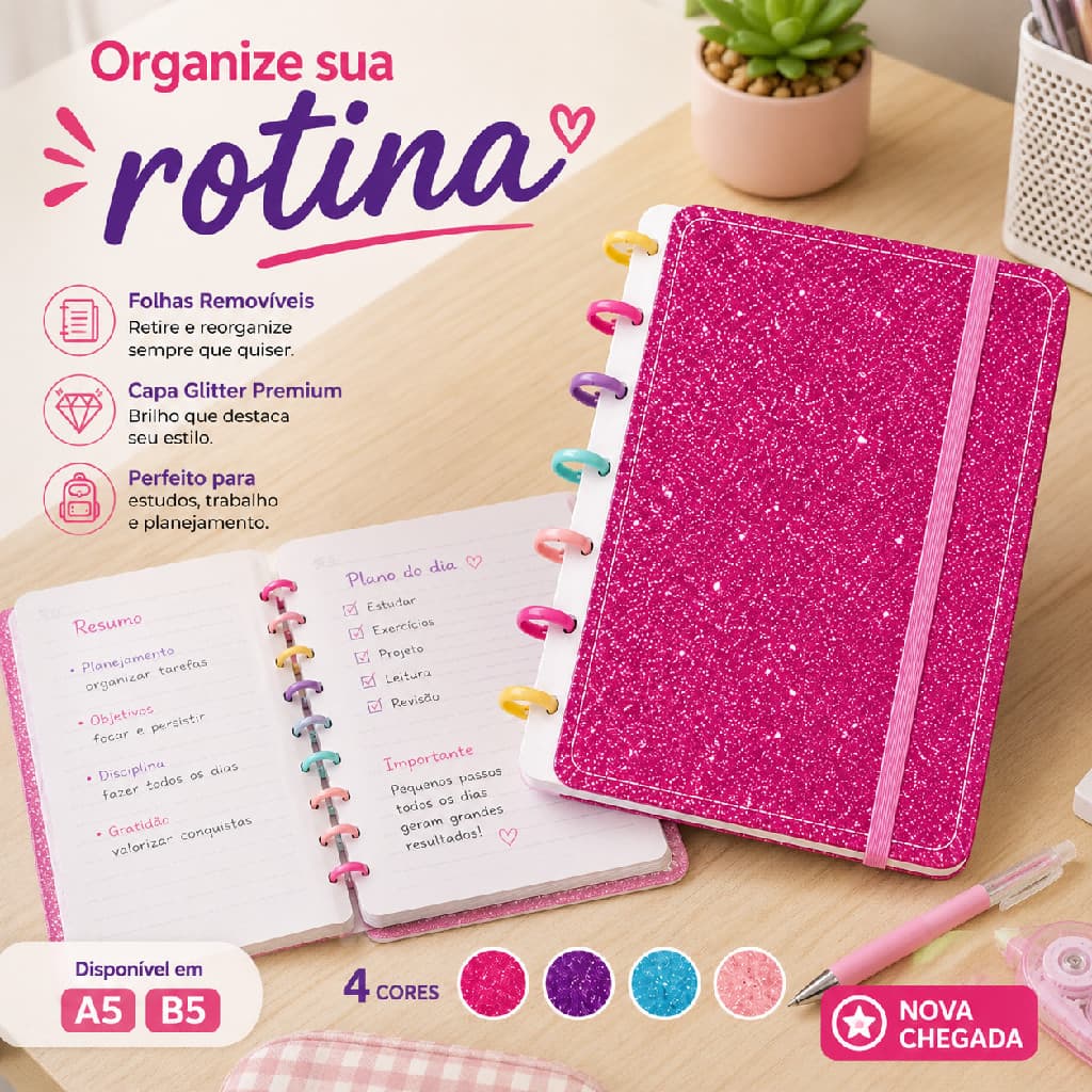 Caderno Inteligente Glitter Rosa A5/B5 | Discos Removíveis | Caderno Universitário para Escola, Planner e Escritório
