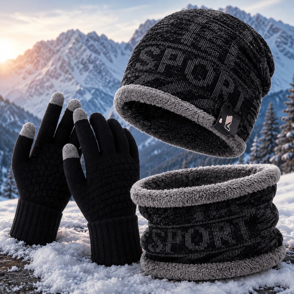 Winter Kit Touca Forrada + Luva Touch Screen + Cachecol Quente Unissex – Conjunto Completo para o Frio