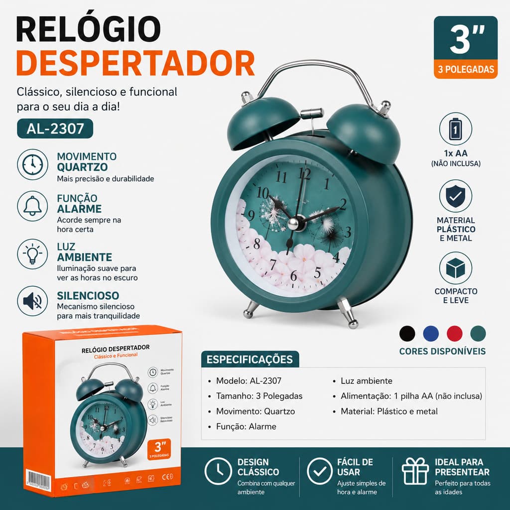 Relógio Despertador Analógico 3 Polegadas com Alarme Luz Noturna Movimento Quartzo Silencioso