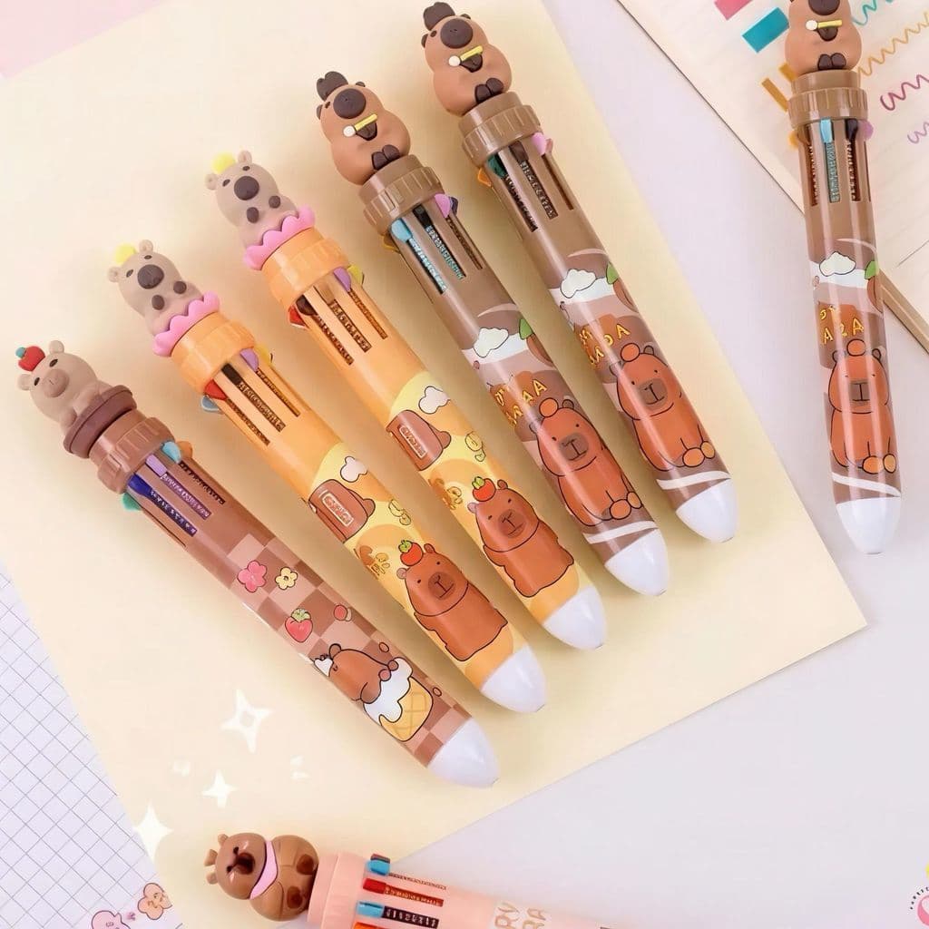 Kit 3 Canetas 10 Cores Capivara Fofa – Escrita Colorida, Presente Criativo Papelaria Kawaii