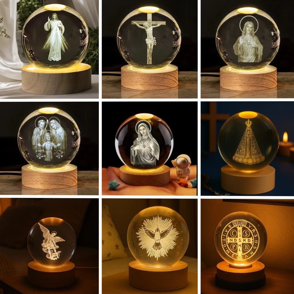 Luminária De Mesa Bola De Cristal 3d Abajur Led Decorativa Catolico