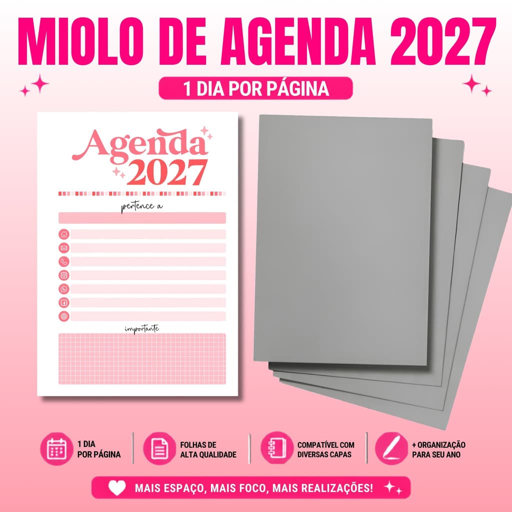2 Miolo De Agenda 2027 - Colorido CHERRY - 1 Dia por página/ + Capa dura / Impresso no A5