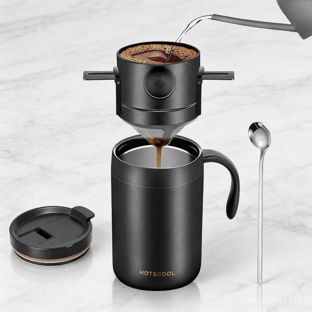 Conjunto de Cafeteira Pour Over 16oz com Caneca Isolada de Aço Inoxidável e Filtro Dobrável para Camping, Viagens e Escr