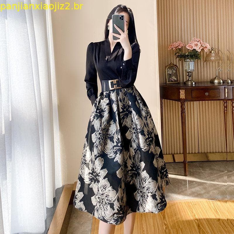 Moda Feminina Cintura Alta Slim Linha A Vestido De Praia Elegante Primavera Verão Com Manga Comprida Em V Falso De Duas