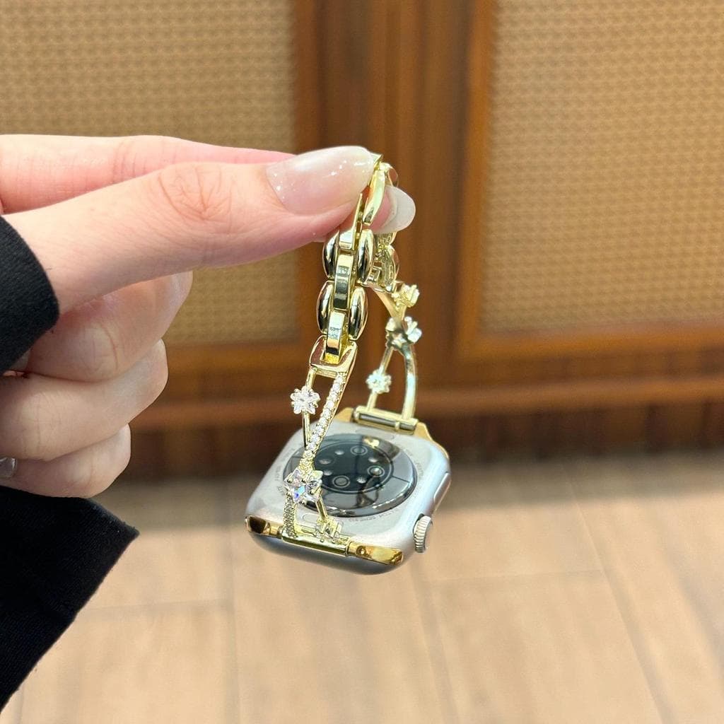 Pulseira De Relógio De Metal Fino Emendado Com Strass Estrela De Quatro Pontos Para Apple Watch 38 40 41 42 44 45 46 49m