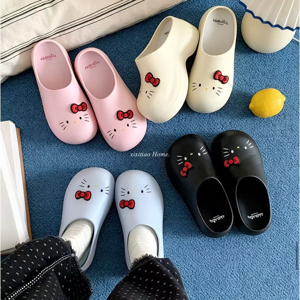 Autênticas Sandálias Hello Kitty de Sola Grossa com Desenho Animado, Aumentadoras de Altura, Sapatos Hello Kitty de Bico