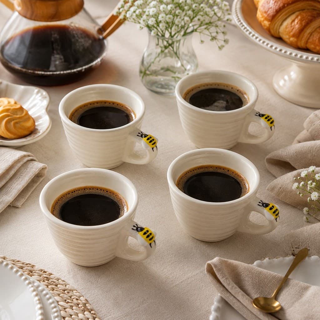 Jogo 4 Xícaras de Café 90ml Branca com Detalhe de Abelhinha