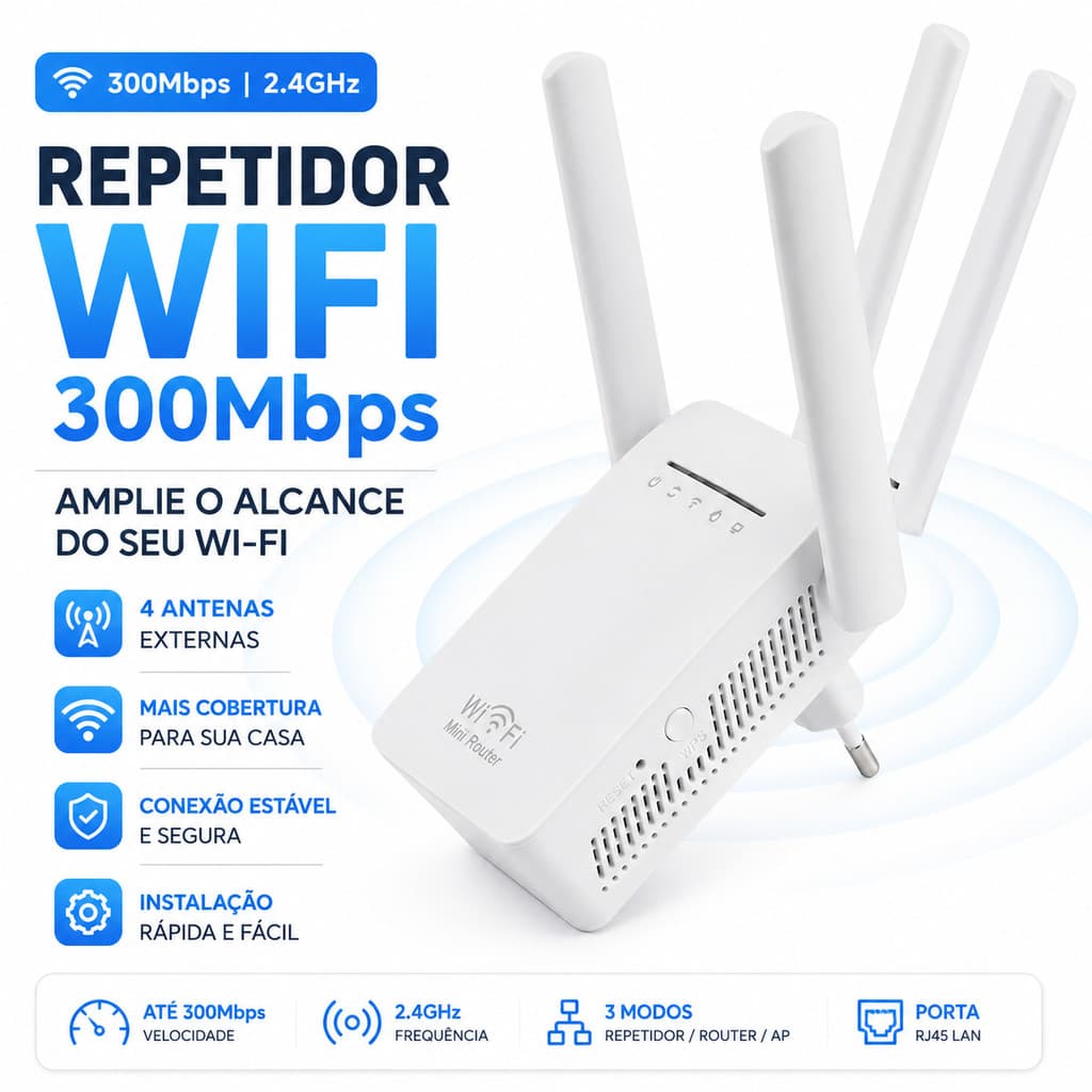 Repetidor WiFi 300Mbps 4 Antenas Amplificador de Sinal 2.4GHz