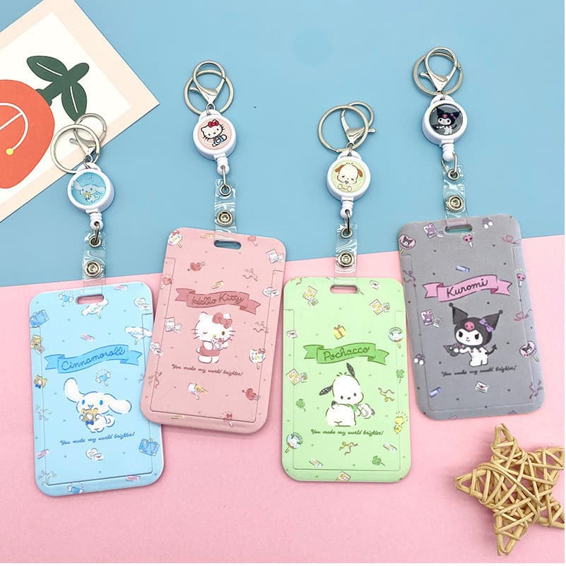 Porta-Cartões Sanrio Fofo Com Carretel Retrátil-Kitty Kuromi ID Badge Holder Chaveiro Para Estudante Ônibus Trabalho Cra