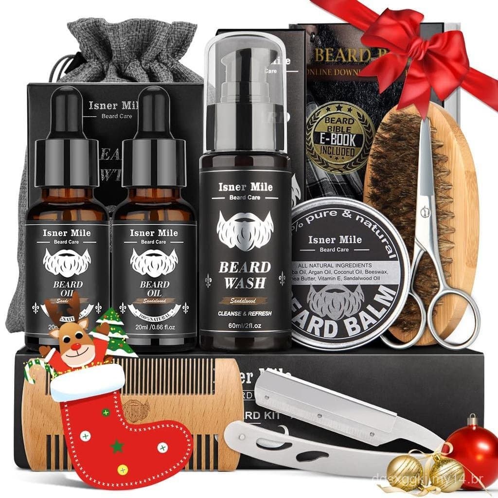 Kit de Cuidados para Barba Masculina Isner Mile: Kit de Corte, Shampoo para Barba, Óleo, Creme, Escova, Pente e Lâmina d