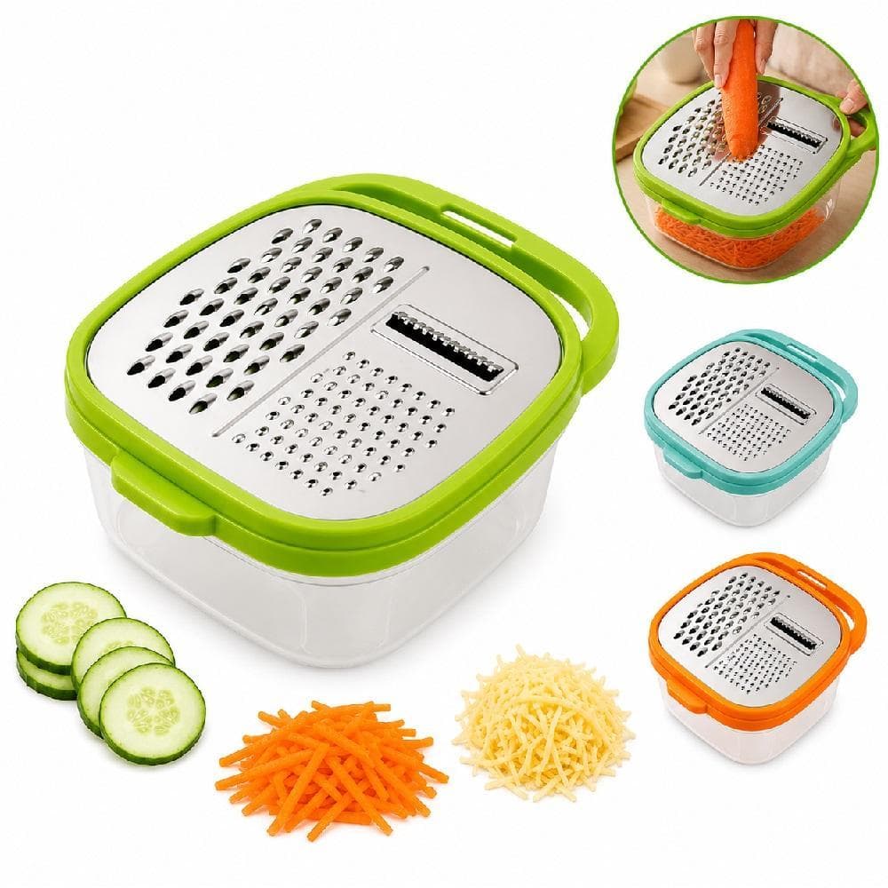 RALADOR FATIADOR INOX 4 EM 1 COM POTE DESCASCADOR CORTADOR LEGUMES VERDURAS FRUTAS QUEIJO MANUAL