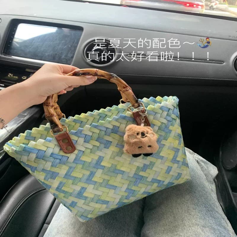 Verão Rattan-como bolsa de bambu feminino francês mão-tecido saco High-end estilo férias palha vegetal cesta saco