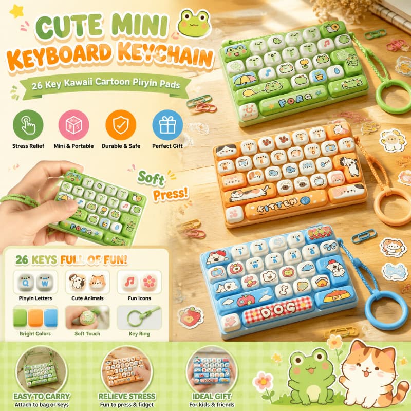 Mini Chaveiro De Teclado Fofo-26 Teclas Kawaii Cartoon Pinyin Pads Fidget Toy , Alívio Do Estresse EDC Presente Sensoria