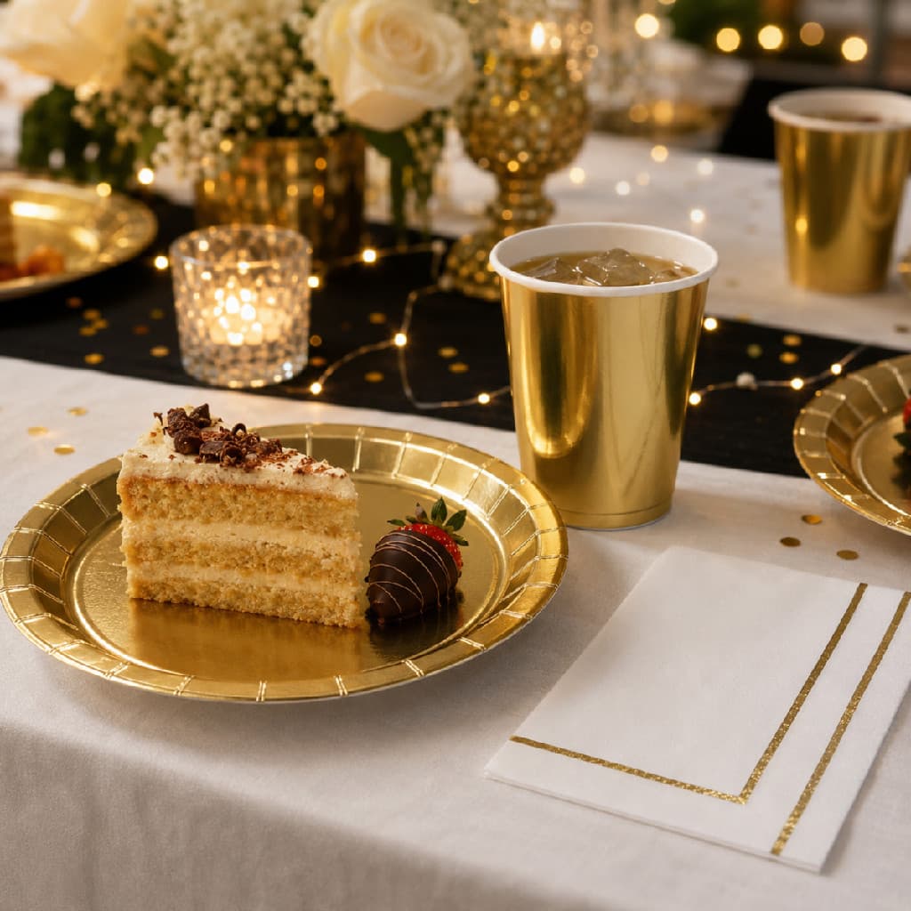 Kit Festa Prato, Copo E Guardanapo Metalizado Dourado - 30 Peças