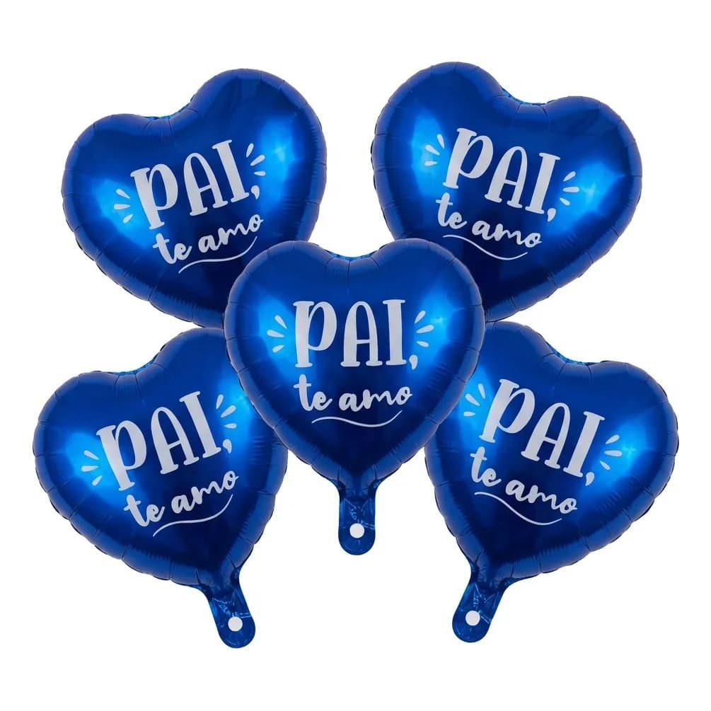 Kit 5 Balões Metalizado Coração Dia Dos Pais 24cm Azul