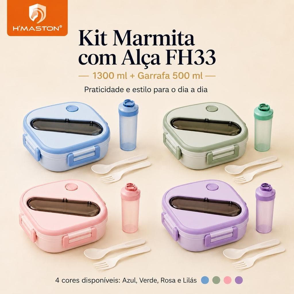 H'MASTON FH33 Kit Marmita 1300ml com Copo 500ml Alça 3 Compartimentos Colher e Garfo para Trabalho Escola