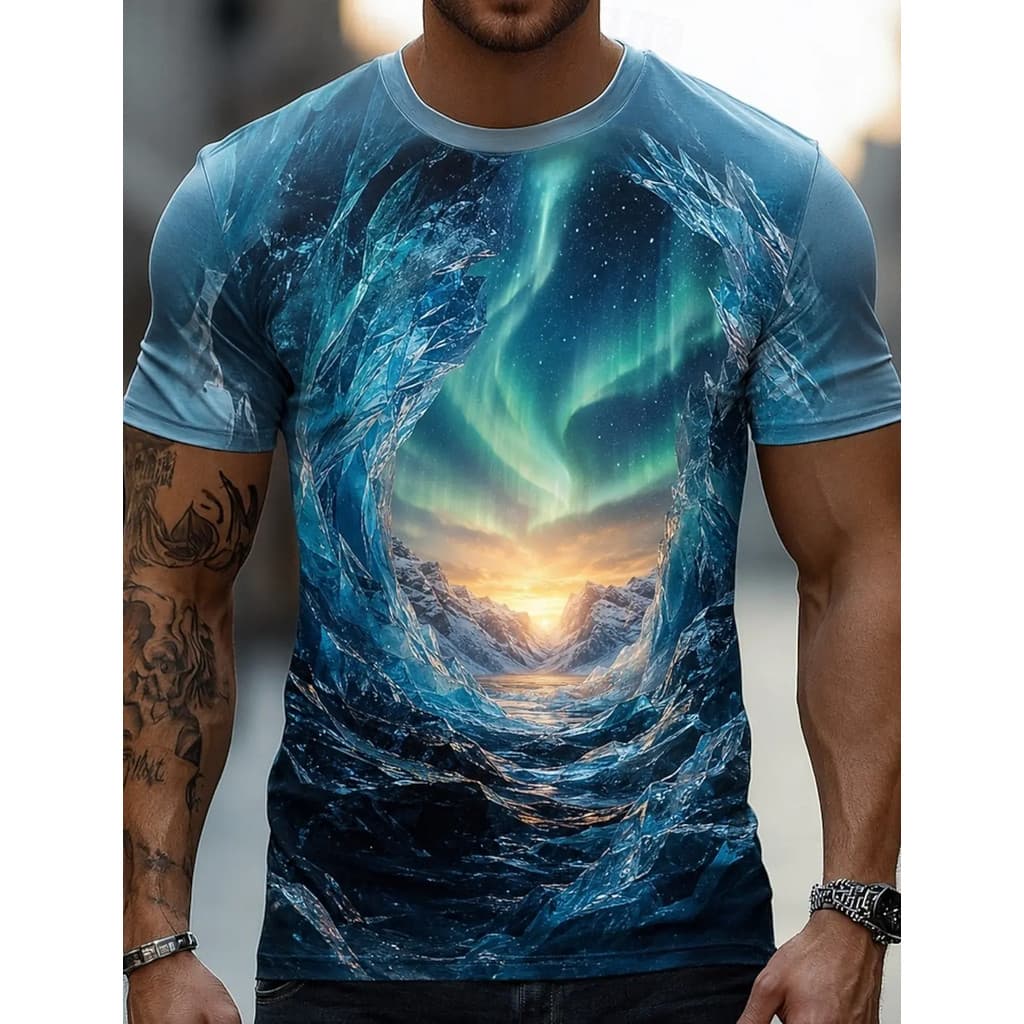 Camiseta Masculina Primavera Verão Com Estampa 3D , Gola Redonda , Caverna De Gelo Aurora Snow Mountain Starry Dream Nat