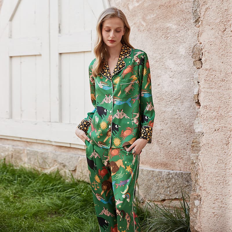 [Constellation verde] pijamas femininos Loungewear outono 2025 novo estilo calças de manga comprida gelo seda terno fino