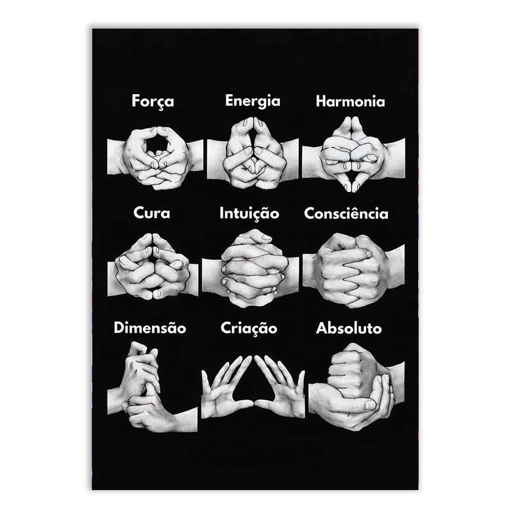 Placa Quadro Decorativo Mudras Mãos Espirituais Preto e Branco Energia Consciência Guia Meditação Yoga Estúdio Quadro De