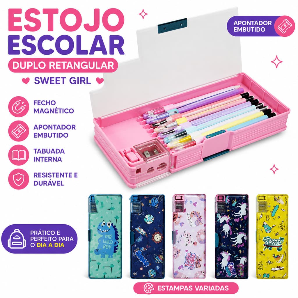 Estojo Escolar Duplo Infantil Menina Menino com Apontador Embutido Fecho Magnético Tabuada e Estampas Variadas