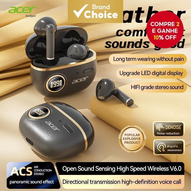 Acer OHR544 Fones De Ouvido Intra-Auriculares Sem Fio Design De Clipe Aberto HIFI Qualidade De Som Bluetooth Confortávei