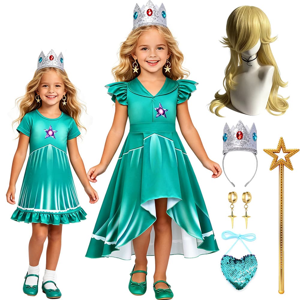 Jogo Personagem Da Criança Meninas Conto De Fadas Rosalina Princesa Traje Verde Festa À Noite Elegante Vestido Longo Fan