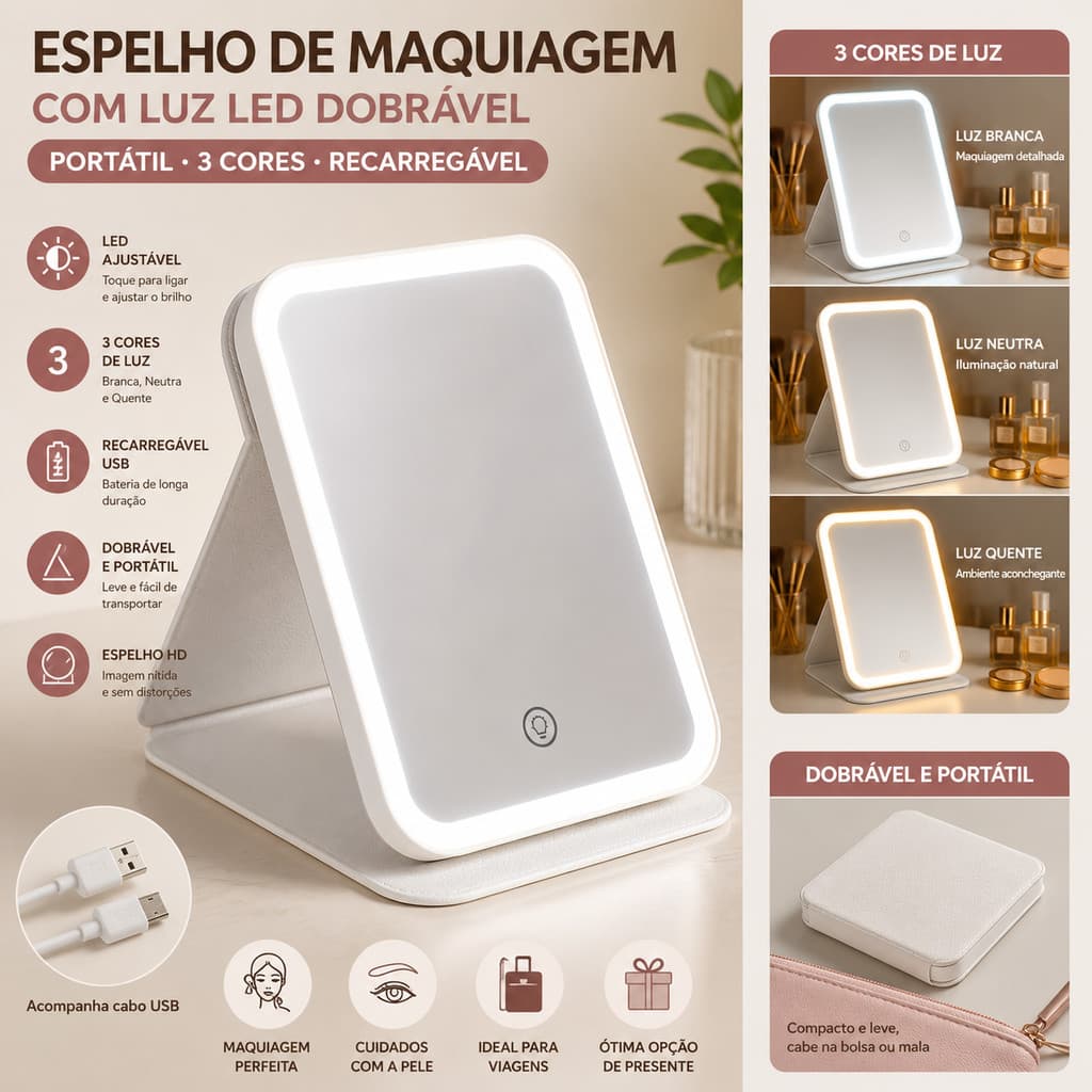 Espelho De Maquiagem Com Luz LED Dobrável Espelho Portátil Com LED 3 / Cor Branco