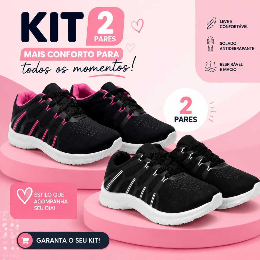 Kit 2 Pares Tênis Infantil Feminino Novo Modelo Leve E Versátil