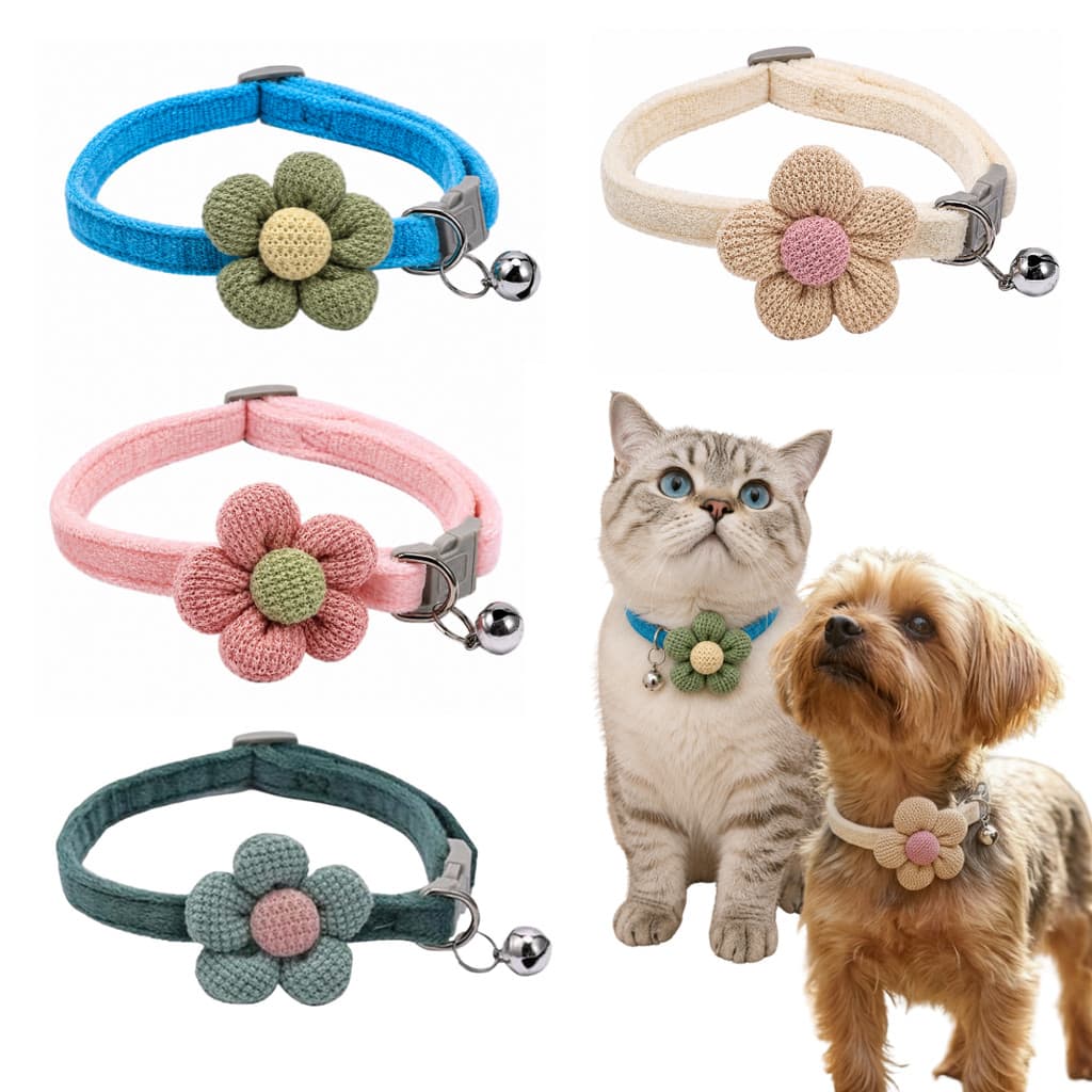 Coleira Pet Com Flor Ajustável Com Sino Para Cães E Gatos