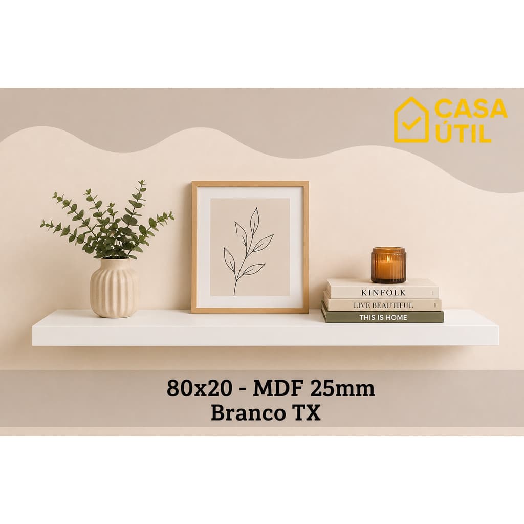 Prateleira Flutuante 80x20 cm MDF 25mm Branca com Suporte Invisível Sala, Cozinha e Quarto
