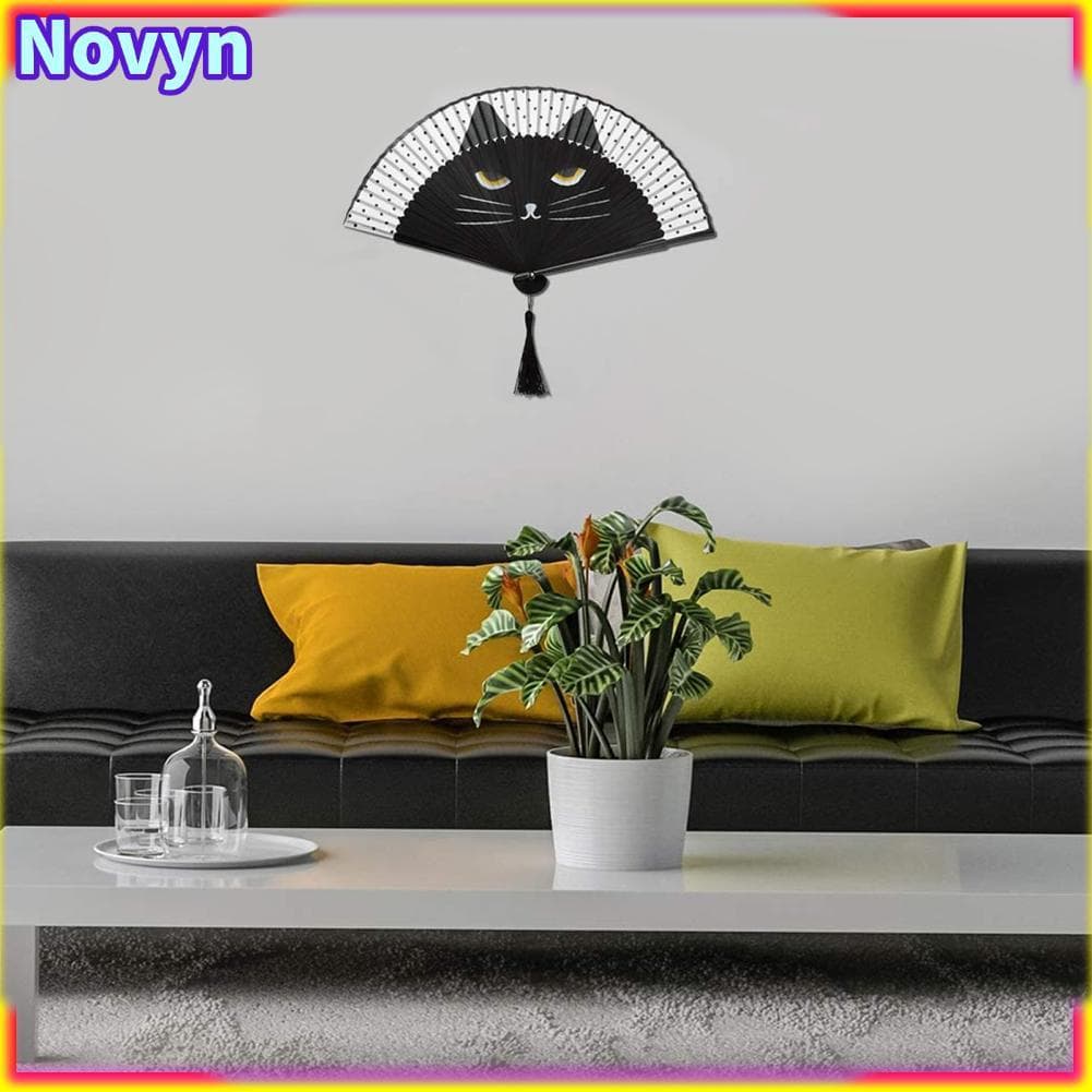 Pssopp Kung Fu Fan Gato de desenho animado portátil dobrável de bambu durável para mulheres e homens festas de