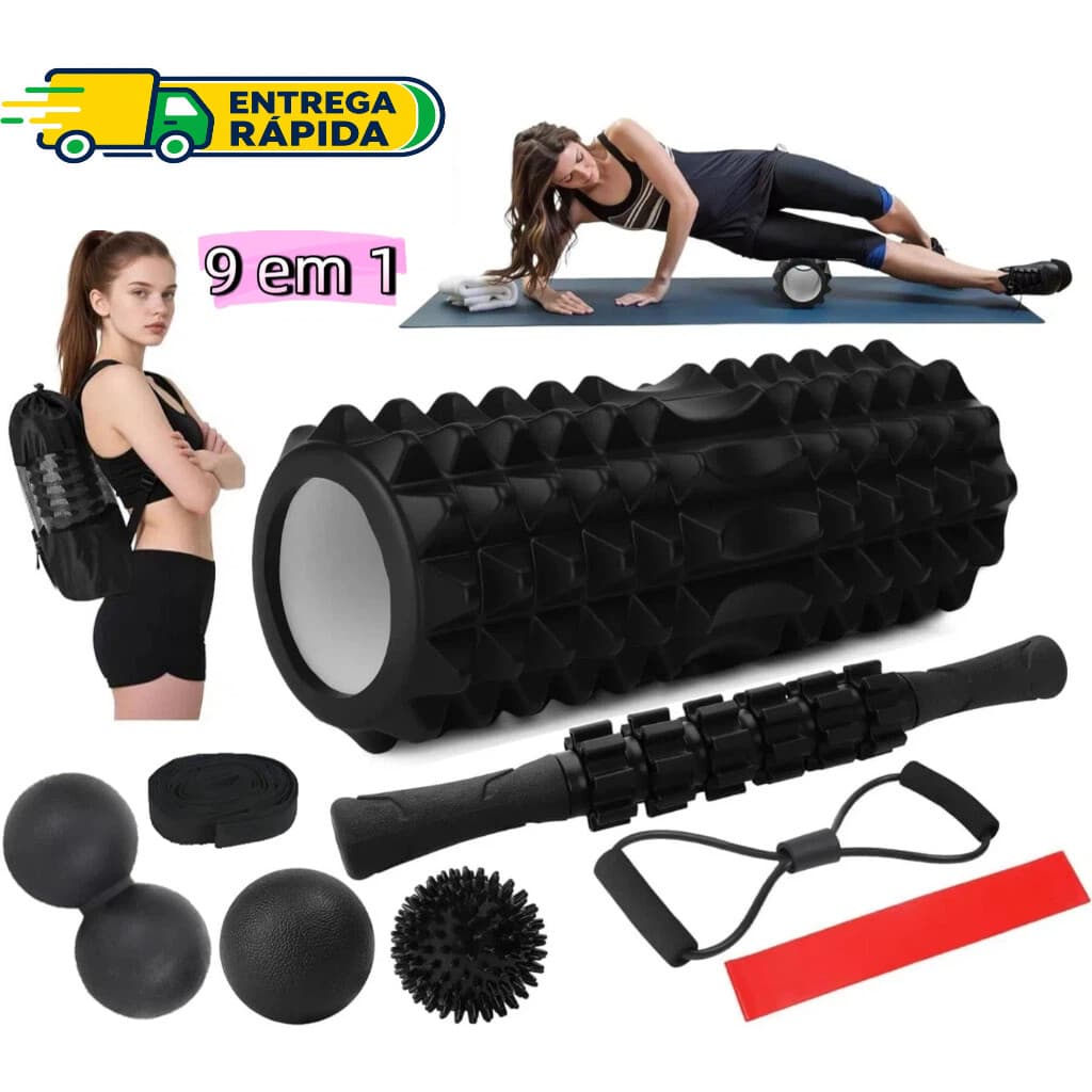Kit 9 em 1 Massagem Liberação Miofascial - Rolo/Bastão/Bola para Yoga e Recuperação Muscular