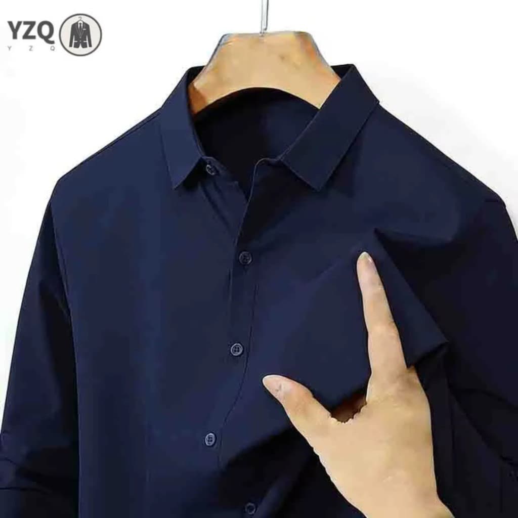 Camisa Social Masculina Manga Longa Azul Marinho Casual Slim Elegante para Trabalho e Eventos