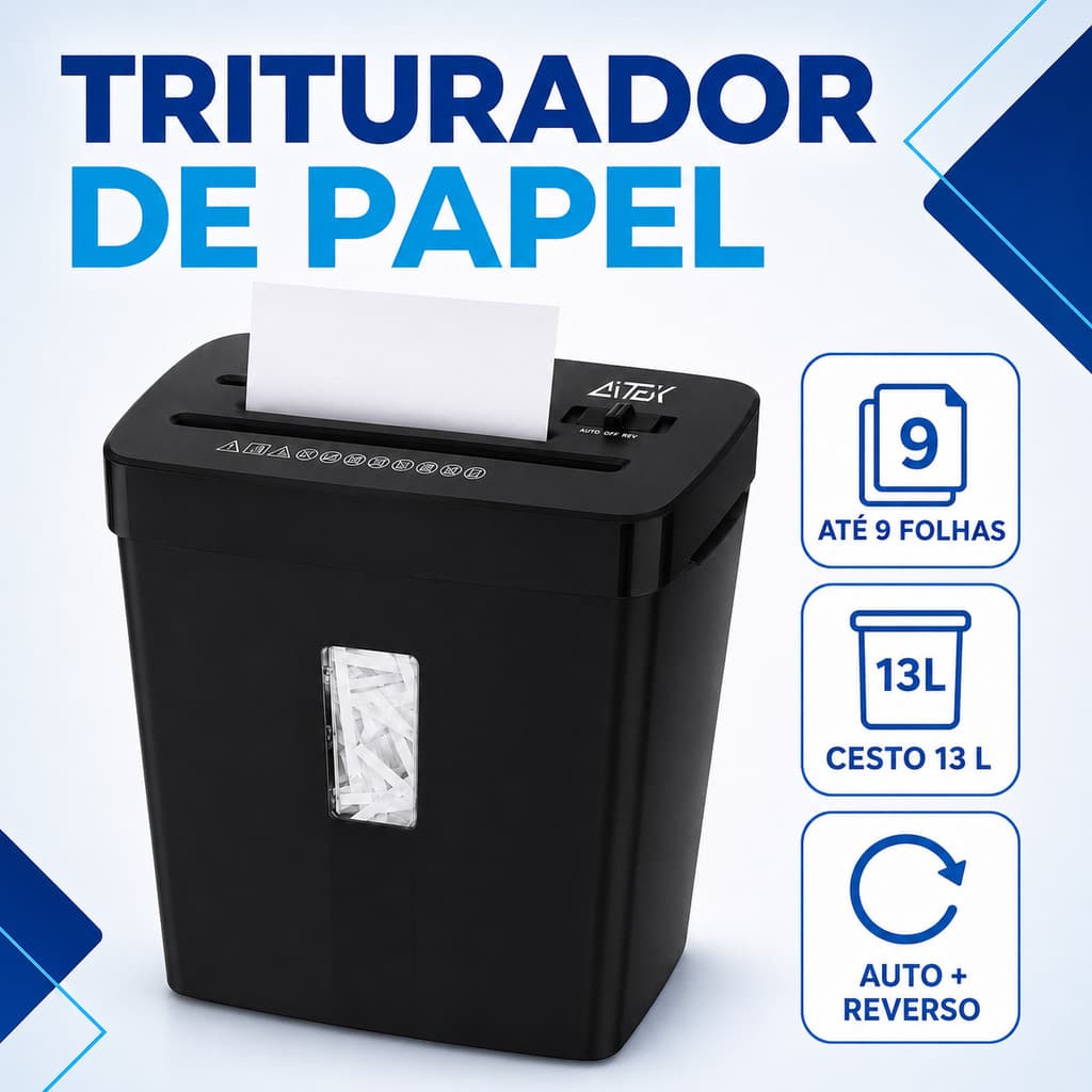 Fragmentadora de Papel Aitek 9 Folhas com Cesto 13L Automática e Função Reverso 127V ou 220V