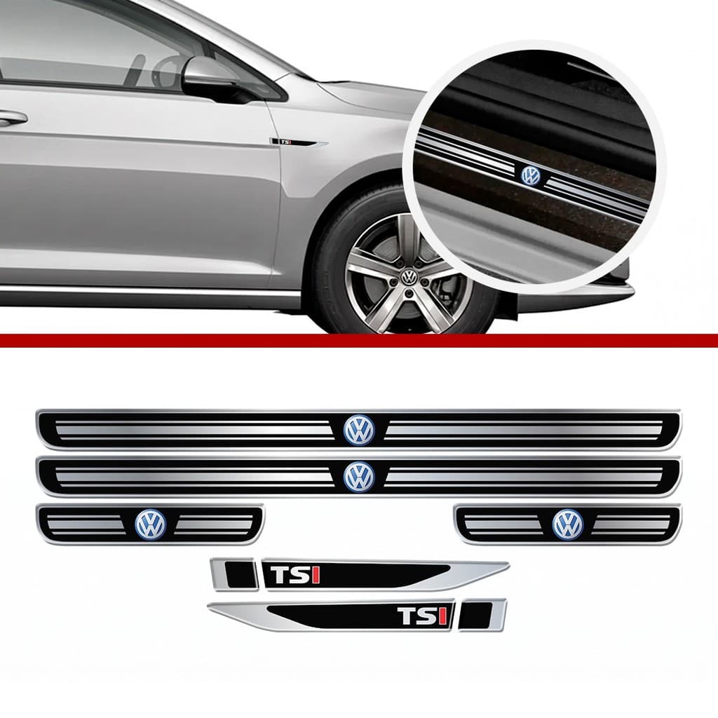 Kit Soleira Carro VW TSI com Logo Cromada Resinada 6 Peças