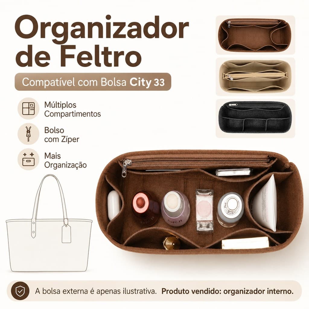 Organizador Interno de Feltro Compatível com a Bolsa City 33, Inserção Portátil com Zíper para Maquiagem e Viagens