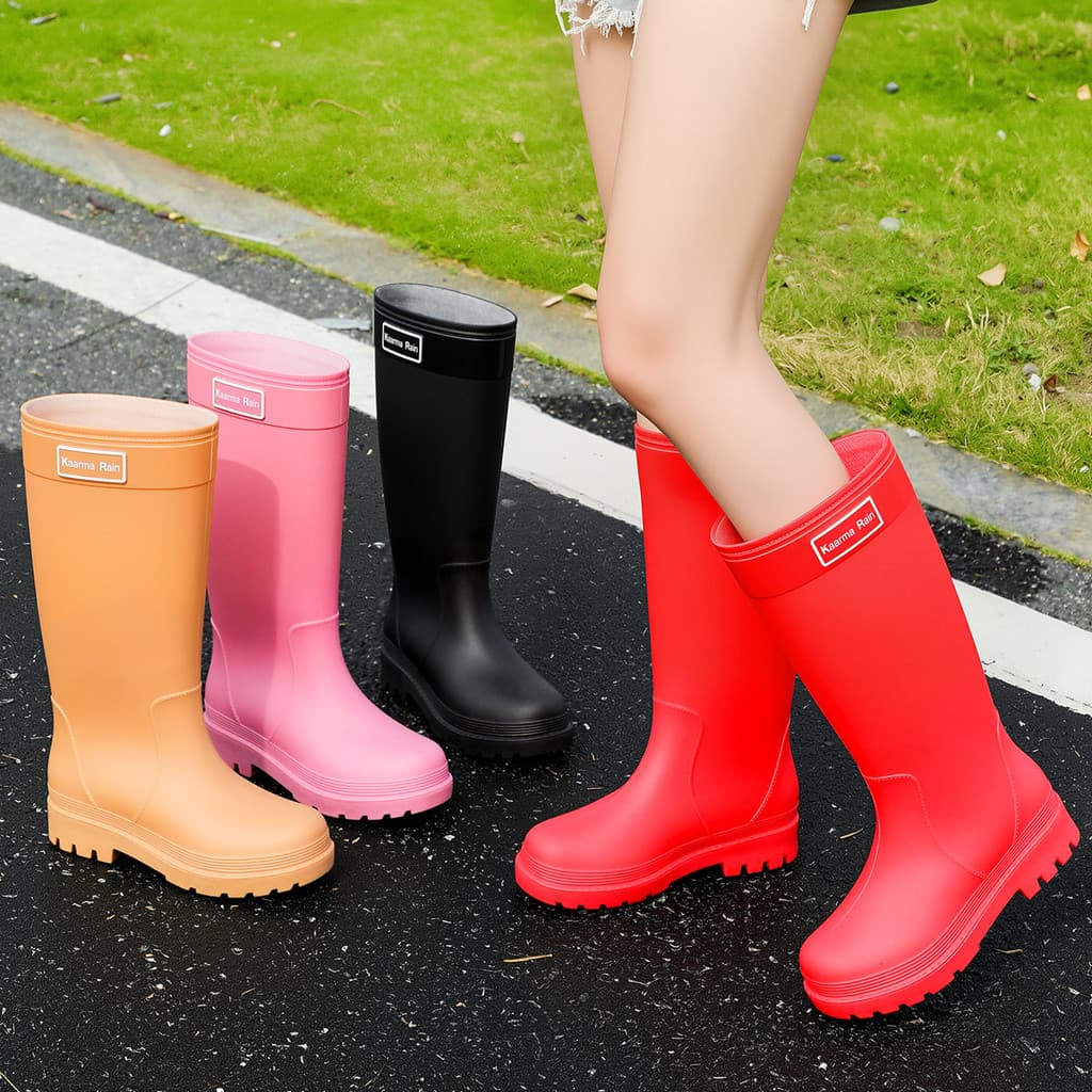 Botas de água femininas de cano alto estilo coreano para uso externo, botas de chuva de PVC para todas as estações, bota