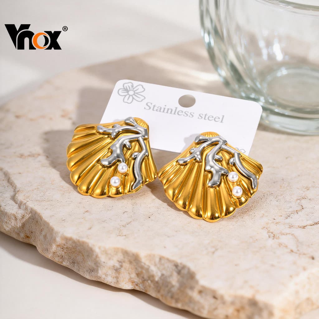 Brincos de concha de pérola Vnox, adequados para mulheres e meninas, acessórios de praia em aço inoxidável dourado hipoa