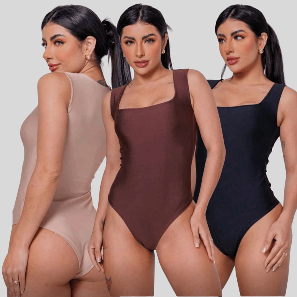 KIT 3 Body Feminino Gola Quadrada Suplex Premium Moda Tendência Modinha Casual
