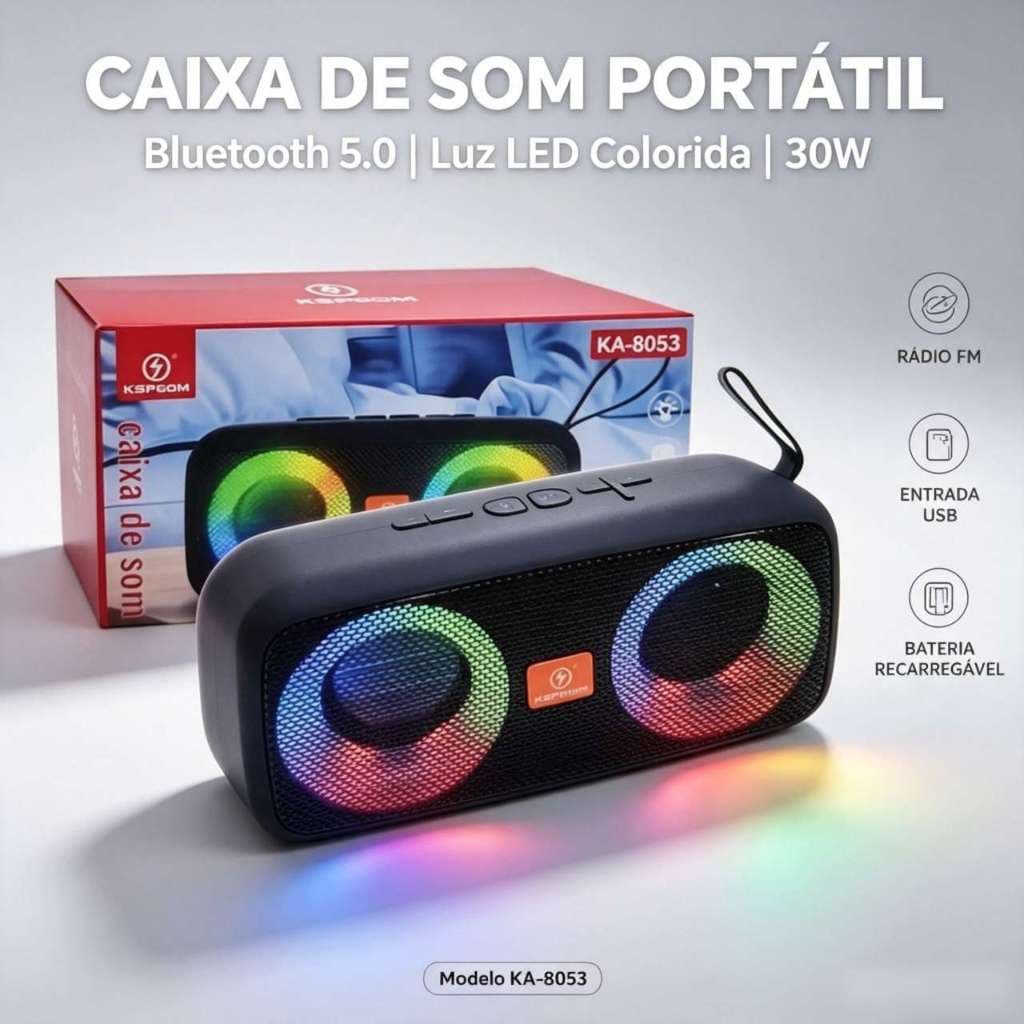 Caixa de Som Portátil KA-8053 Bluetooth 5.0, Potência 30W, Luz LED Colorida, Entrada USB Rádio FM, Bateria Recarregável
