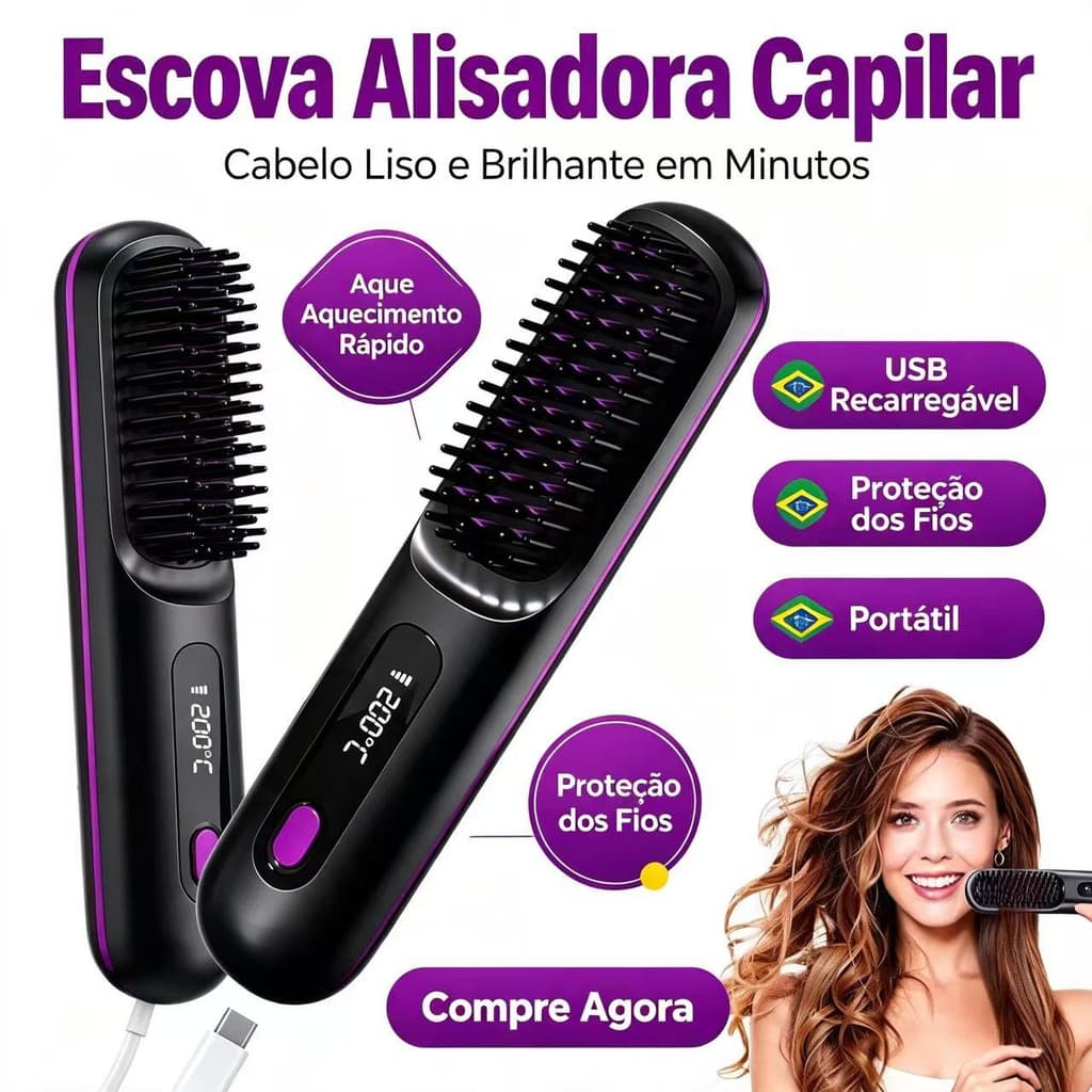 Escova Alisadora Sem Fio LCD Íons Negativos Portátil Carregável Alisador Elétrico Cabelo