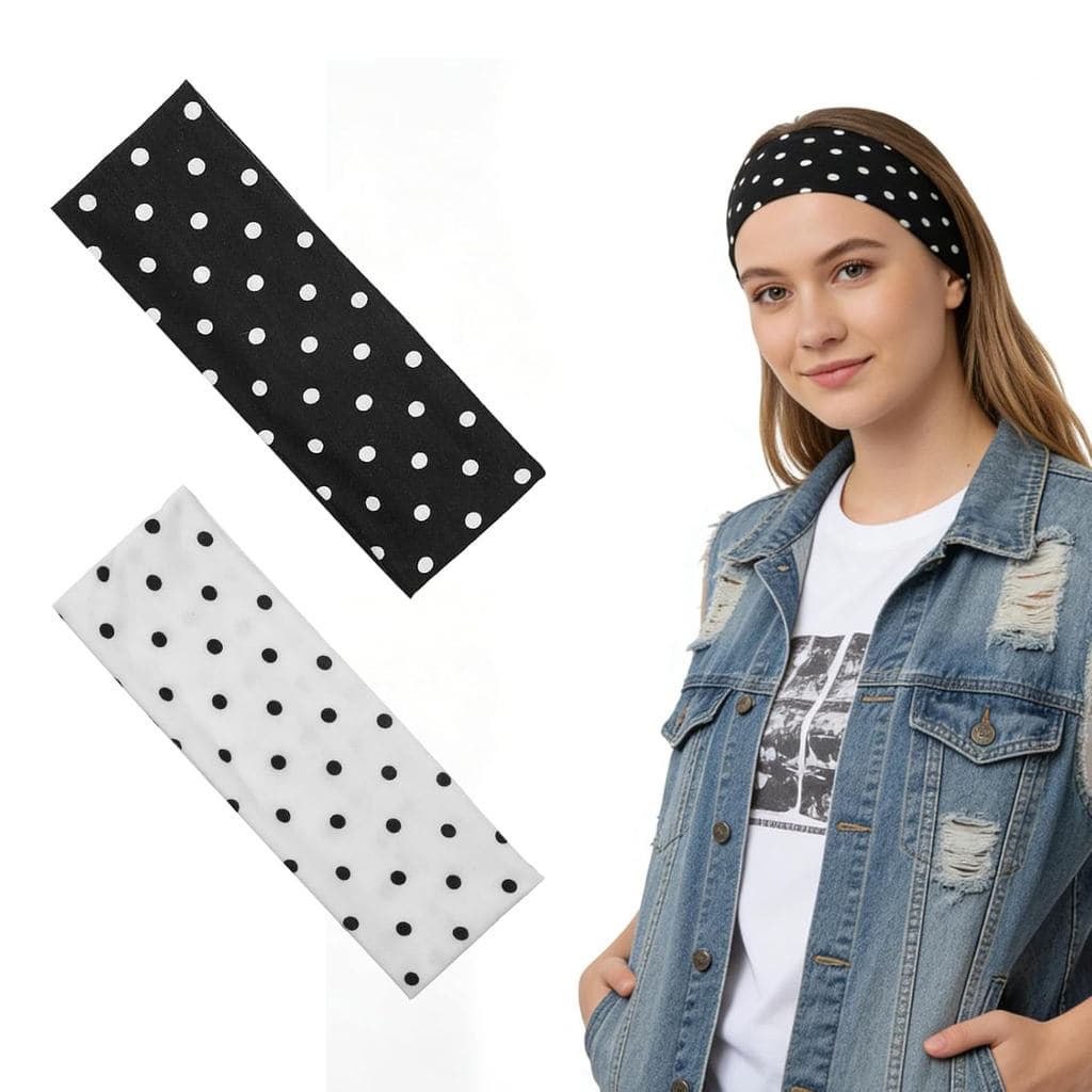 Tucnoeu Conjunto de 2 Faixas de Cabelo Pretas e Brancas com Bolinhas, Faixas Elásticas para Spa e Yoga, Faixas de Cabelo