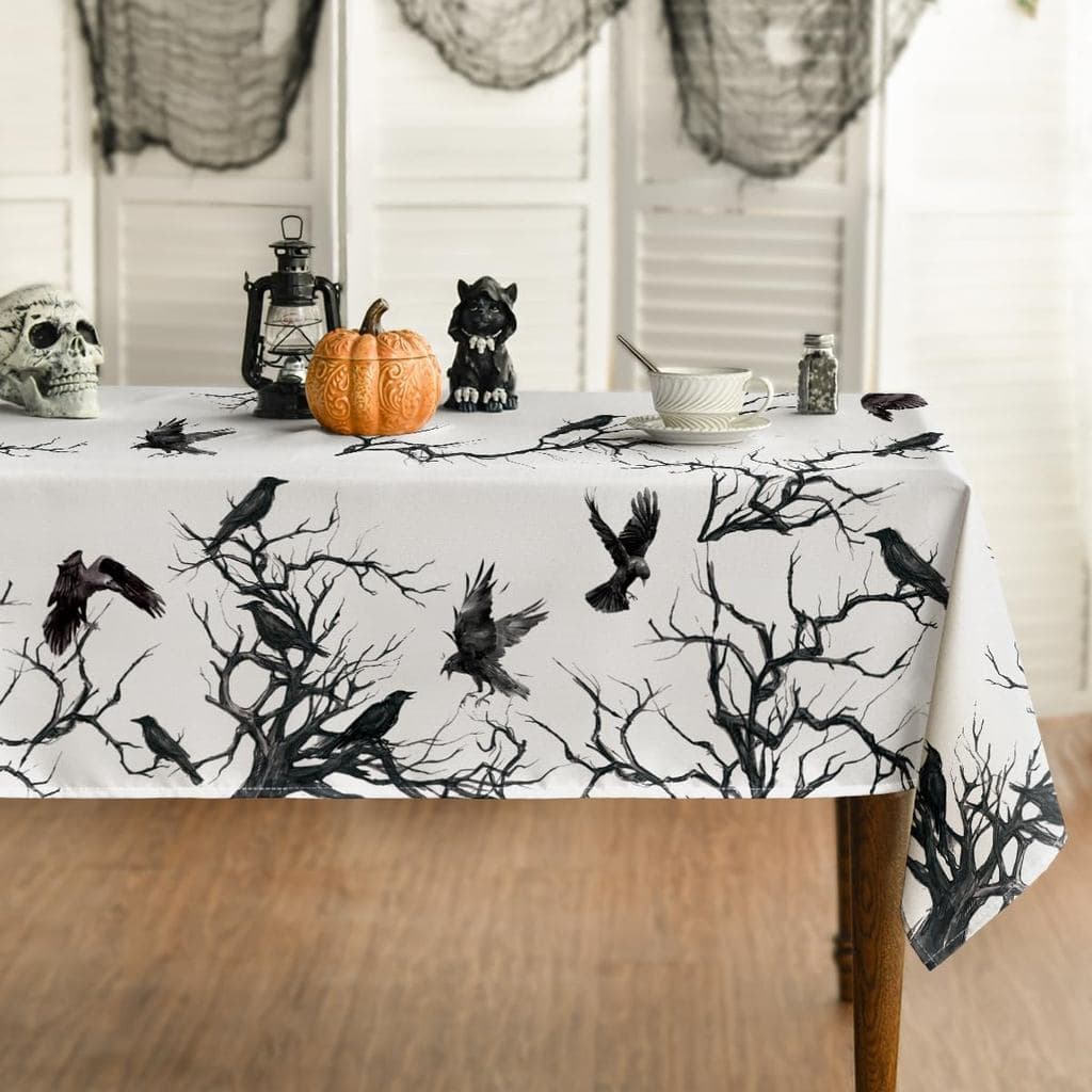 Toalha de Mesa de Halloween Horaldaily 60x84 Polegadas Retangular, Capa de Mesa Lavável com Estampa de Corvo e Árvore pa