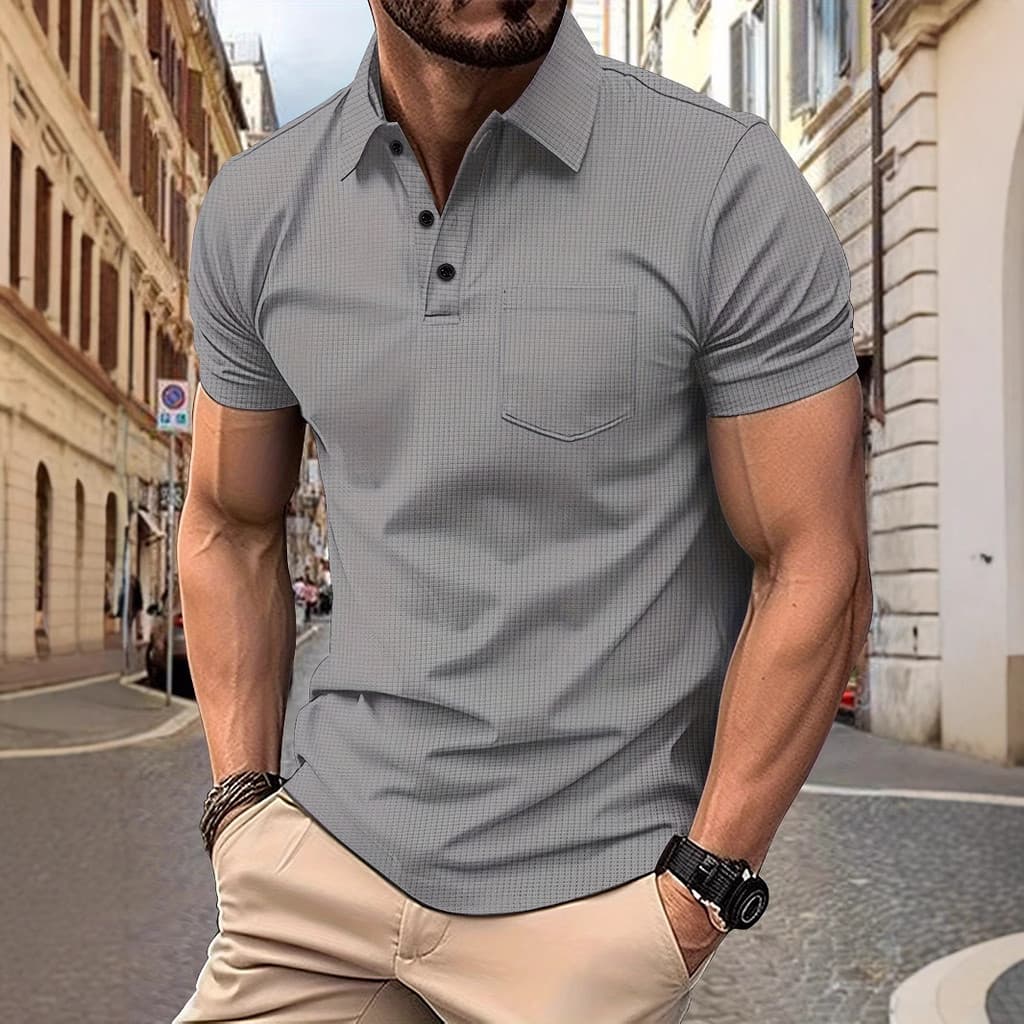 Moda Waffle Cor Sólida Top Casual Esportes Manga Curta polo Lapela Respirável