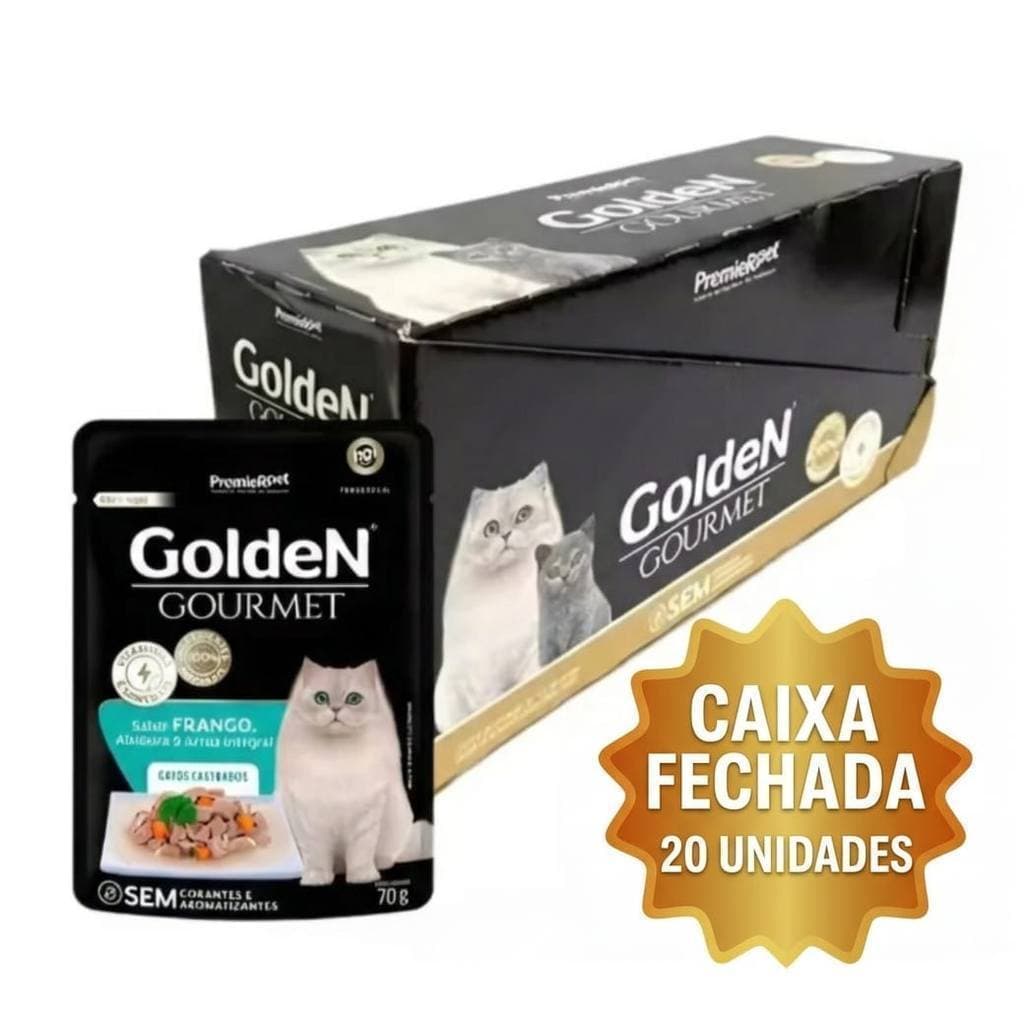 Sache Ração Úmida Golden Gourmet Para Gatos Castrado Sabor Frango 70g 20un.
