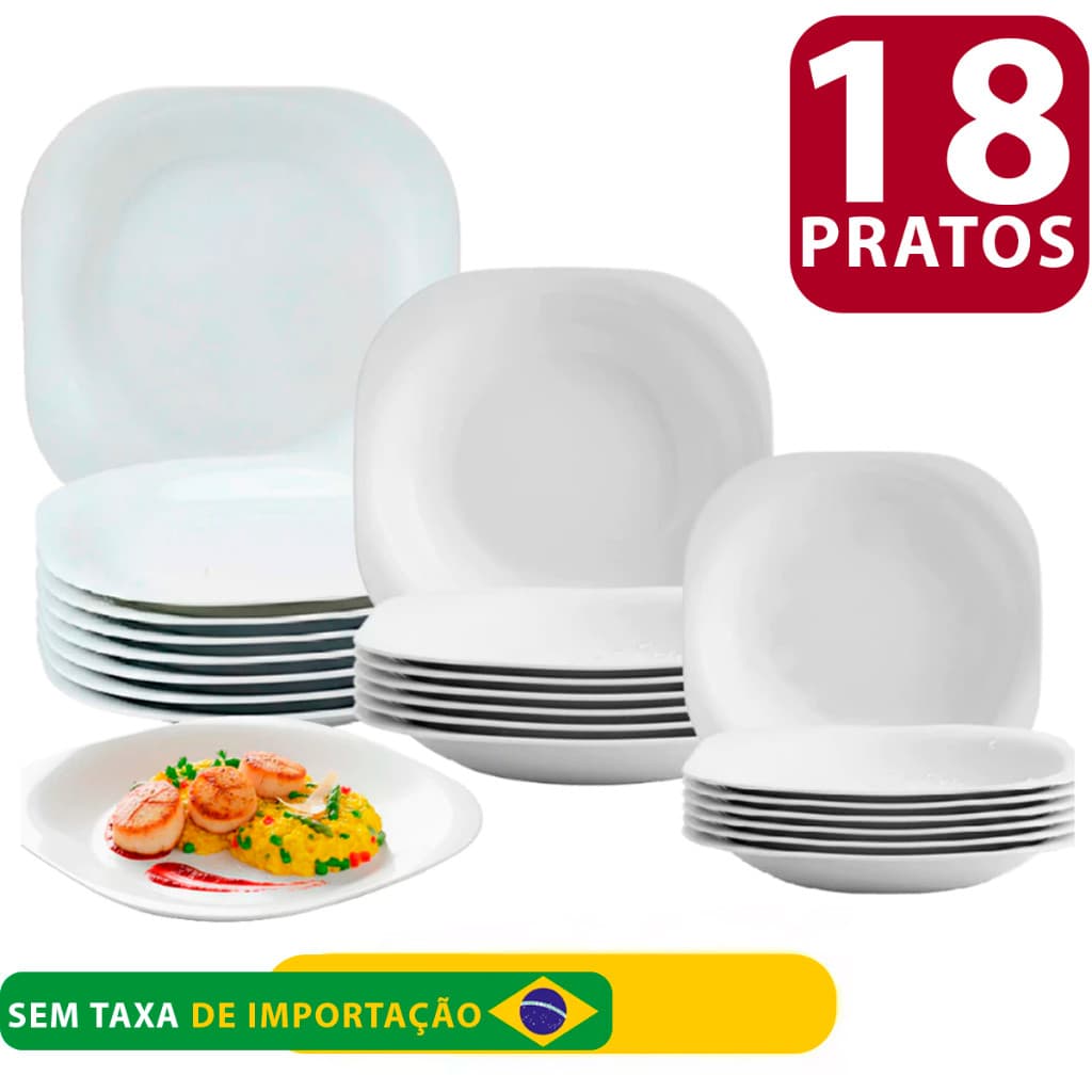 Kit Jogo de 18 Pratos Quadrados branco de Vidro Opaline Liso Sendo 6 Pratos Raso 6 Fundo 6 Sobremesa
