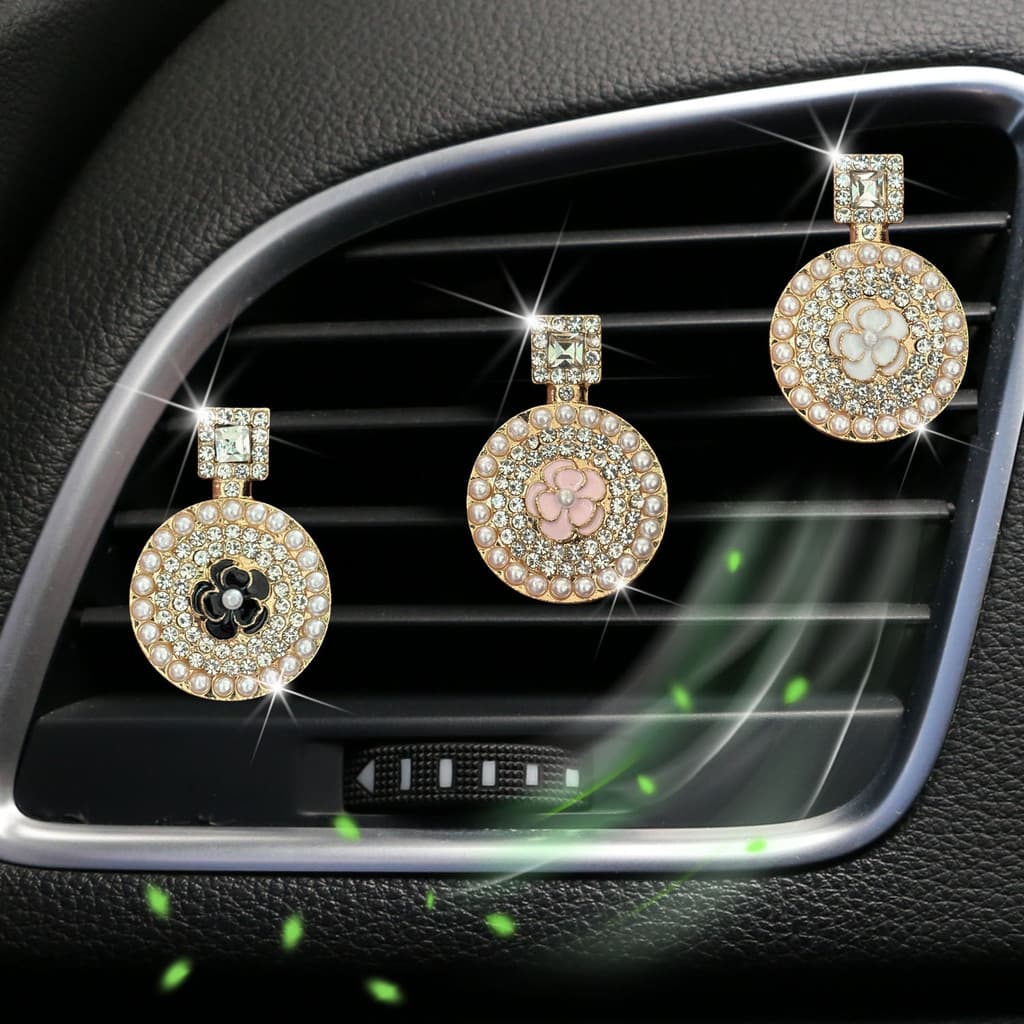 ENVIO RÁPIDO: Difusor de Aroma para Carro com Clipe para Saída de Ar, Frasco de Cristal com Strass e Pérolas, Acessório