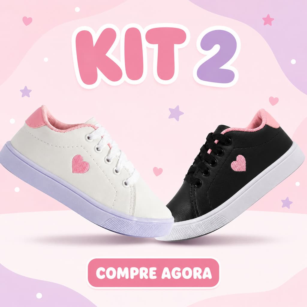 KIT 2 PARES Tênis Infantil Menina Escolar Confortável Coração Leve Resistente Original Ideal Para Passeio Diário 24/35