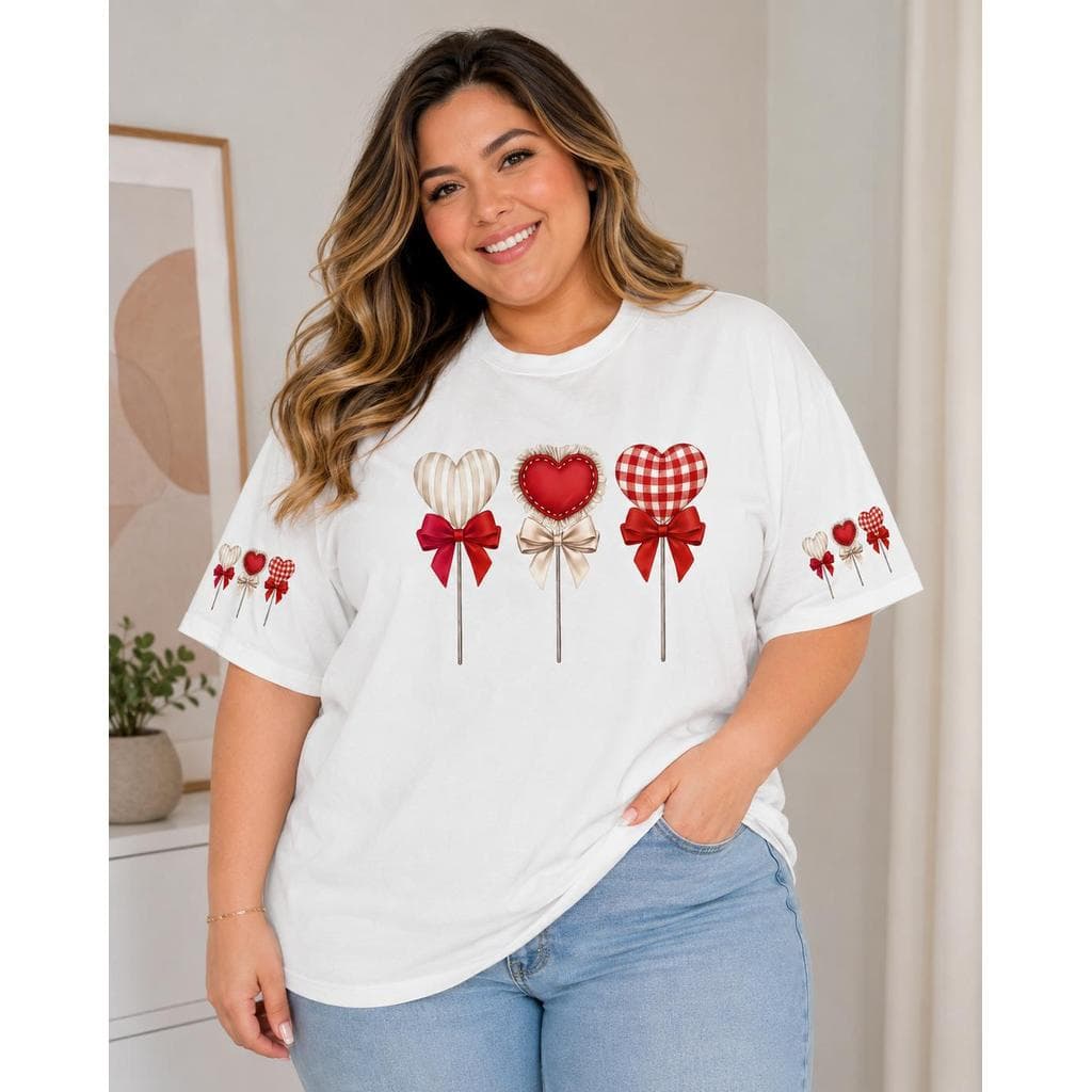 Camiseta Blusa Oversized Fofa - Estampa Coração Pirulito Vermelho Plus Size